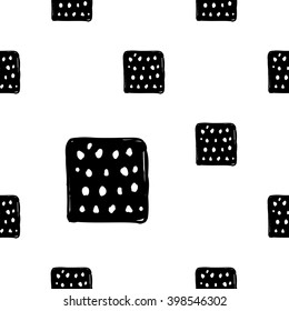 Modern kids b&w seamless pattern with dotted square. Hand drawn graphic with black cute minimalistic scandinavian cartoon elements on white background