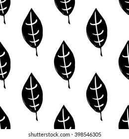 Modern kids b&w seamless pattern with plant leaf. Hand drawn graphic with black cute minimalistic scandinavian cartoon elements on white background
