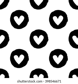 Modern kids b&w seamless pattern with circle heart. Hand drawn graphic with black cute minimalistic scandinavian cartoon elements on white background