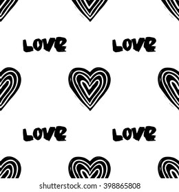Modern kids b&w seamless pattern with love, line heart, heart. Hand drawn graphic with black cute minimalistic scandinavian cartoon elements isolated on white background