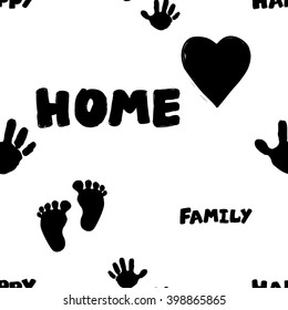 Modern kids b&w seamless pattern with family, home, happy, handprint, footprint, heart. Hand drawn graphic with black cute minimalistic scandinavian cartoon elements isolated on white background