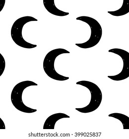 Modern kids b&w seamless pattern with new moon. Hand drawn graphic with black cute minimalistic scandinavian cartoon elements on white background