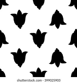 Modern kids b&w seamless pattern with tulip. Hand drawn graphic with black cute minimalistic scandinavian cartoon elements on white background