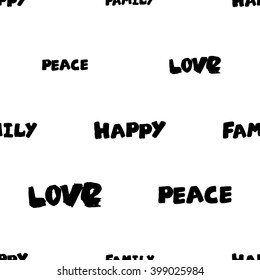 Modern kids b&w seamless pattern with family, peace, happy love. Hand drawn graphic with black cute minimalistic scandinavian cartoon elements isolated on white background