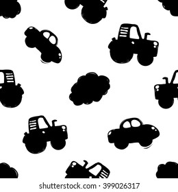 Modern kids b&w seamless pattern with car, cloud, tractor, handprint, footprint, heart. Hand drawn graphic with black cute minimalistic scandinavian cartoon elements isolated on white background
