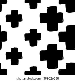 Modern kids b&w seamless pattern with cross. Hand drawn graphic with black cute minimalistic scandinavian cartoon elements on white background