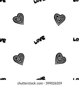Modern kids b&w seamless pattern with love, line heart, heart. Hand drawn graphic with black cute minimalistic scandinavian cartoon elements isolated on white background