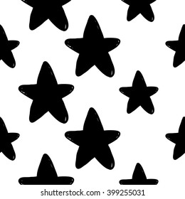 Modern kids b&w seamless pattern with star. Hand drawn graphic with black cute minimalistic scandinavian cartoon elements on white background