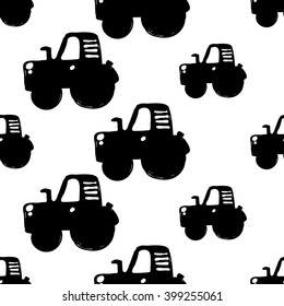 Modern kids b&w seamless pattern with tractor. Hand drawn graphic with black cute minimalistic scandinavian cartoon elements on white background