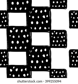 Modern kids b&w seamless pattern with dotted square. Hand drawn graphic with black cute minimalistic scandinavian cartoon elements on white background