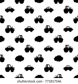 Modern kids b&w seamless pattern with car, cloud, tractor, handprint, footprint, heart. Hand drawn graphic black and white cute minimalistic scandinavian cartoon elements isolated on white background