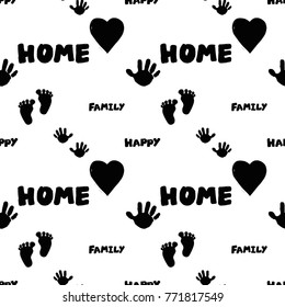Modern kids b&w seamless pattern with family, home, happy, handprint, footprint, heart. Hand drawn graphic black and white cute minimalistic scandinavian cartoon elements isolated on white background