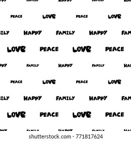 Modern kids b&w seamless pattern with family, peace, happy, love, handprint, footprint, heart.
