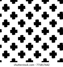 Modern kids b&w seamless pattern with cross. Hand drawn graphic black and white cute minimalistic scandinavian cartoon elements on white background