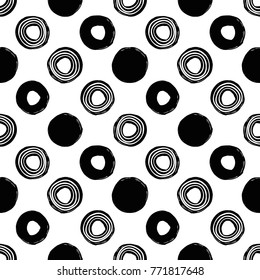 Modern kids b&w seamless pattern with circle, dot, line circle, handprint, footprint, heart.