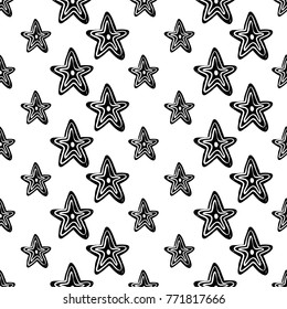 Modern kids b&w seamless pattern with line star. Hand drawn graphic black and white cute minimalistic scandinavian cartoon elements on white background