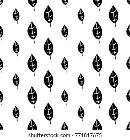 Modern kids b&w seamless pattern with plant leaf. Hand drawn graphic black and white cute minimalistic scandinavian cartoon elements on white background