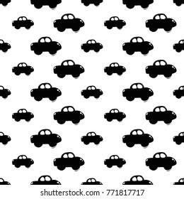 Modern kids b&w seamless pattern with car. Hand drawn graphic black and white cute minimalistic scandinavian cartoon elements on white background