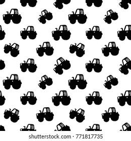 Modern kids b&w seamless pattern with tractor. Hand drawn graphic black and white cute minimalistic scandinavian cartoon elements on white background