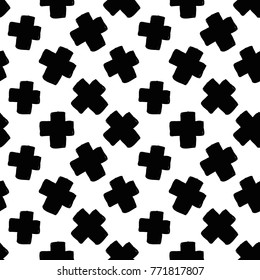 Modern kids b&w seamless pattern with cross. Hand drawn graphic black and white cute minimalistic scandinavian cartoon elements on white background