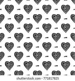 Modern kids b&w seamless pattern with love, line heart, line egg, egg, handprint, footprint, heart.