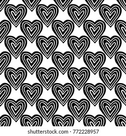 Modern kids b&w seamless pattern with line heart. Hand drawn graphic black and white cute minimalistic scandinavian cartoon elements on white background