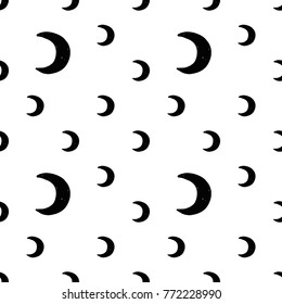 Modern kids b&w seamless pattern with new moon. Hand drawn graphic black and white cute minimalistic scandinavian cartoon elements on white background