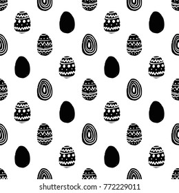 Modern kids b&w seamless pattern with ornament egg, easter egg, line egg, egg, handprint, footprint, heart.
