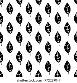 Modern kids b&w seamless pattern with plant leaf. Hand drawn graphic black and white cute minimalistic scandinavian cartoon elements on white background