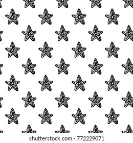 Modern kids b&w seamless pattern with line star. Hand drawn graphic black and white cute minimalistic scandinavian cartoon elements on white background