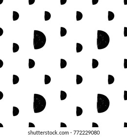 Modern kids b&w seamless pattern with half moon. Hand drawn graphic black and white cute minimalistic scandinavian cartoon elements on white background