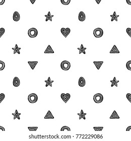 Modern kids b&w seamless pattern with line egg, pyramid, line star, line circle, line heart.
