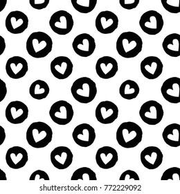 Modern kids b&w seamless pattern with circle heart. Hand drawn graphic black and white cute minimalistic scandinavian cartoon elements on white background
