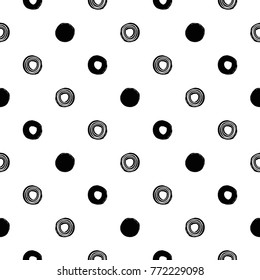 Modern kids b&w seamless pattern with circle, dot, line circle, handprint, footprint, heart.