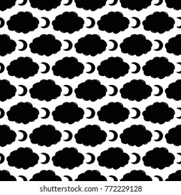 Modern kids b&w seamless pattern with cloud, new moon, line egg, egg, handprint, footprint, heart.
