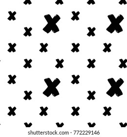Modern kids b&w seamless pattern with x. Hand drawn graphic black and white cute minimalistic scandinavian cartoon elements on white background