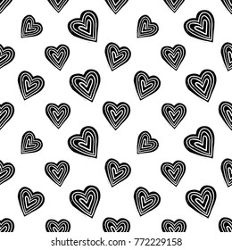 Modern kids b&w seamless pattern with line heart. Hand drawn graphic black and white cute minimalistic scandinavian cartoon elements on white background