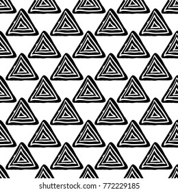 Modern kids b&w seamless pattern with pyramid. Hand drawn graphic black and white cute minimalistic scandinavian cartoon elements on white background