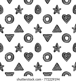 Modern kids b&w seamless pattern with line egg, pyramid, line star, line circle, line heart.