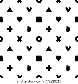Modern kids b&w seamless pattern with square, x, cross, v, half moon, triangle, dot, heart.