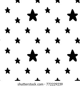 Modern kids b&w seamless pattern with star. Hand drawn graphic black and white cute minimalistic scandinavian cartoon elements on white background