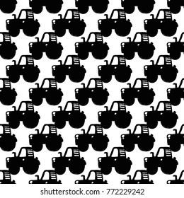 Modern kids b&w seamless pattern with tractor. Hand drawn graphic black and white cute minimalistic scandinavian cartoon elements on white background