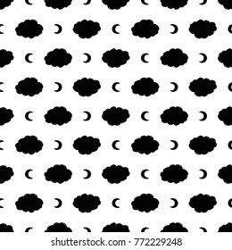 Modern kids b&w seamless pattern with cloud, new moon, line egg, egg, handprint, footprint, heart.