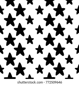 Modern kids b&w seamless pattern with star. Hand drawn graphic black and white cute minimalistic scandinavian cartoon elements on white background