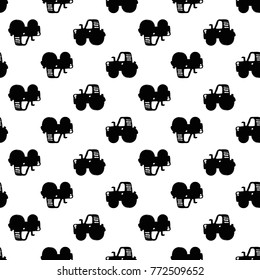 Modern kids b&w seamless pattern with tractor. Hand drawn graphic black and white cute minimalistic scandinavian cartoon elements on white background
