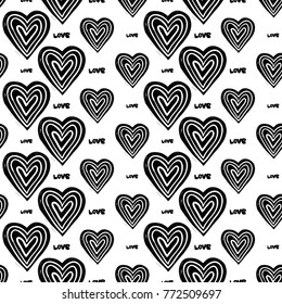 Modern kids b&w seamless pattern with love, line heart, line egg, egg, handprint, footprint, heart.