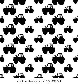 Modern kids b&w seamless pattern with tractor. Hand drawn graphic black and white cute minimalistic scandinavian cartoon elements on white background
