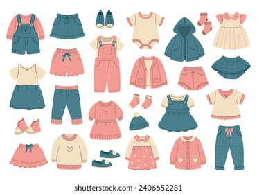 Modern kids clothes set. Fashion garments for girls. Collection of stylish casual children wearing. 