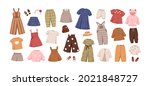 Modern kids clothes set. Summer fashion garments for boys and girls. Collection of stylish casual children wearing. Flat vector illustration of childish dresses and pants isolated on white background