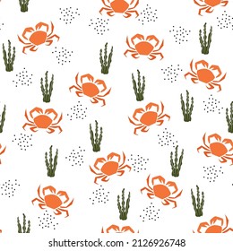 Modern kids crab seamless pattern for girls and boys.create a fun cartoon drawing with seaweed ,Design for fashion , fabric, textile, wallpaper, cover, web , wrapping and all prints 

